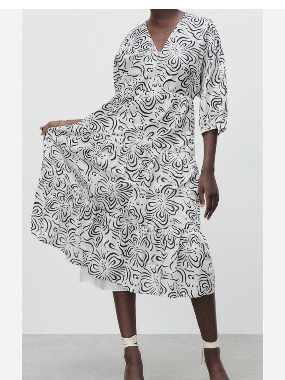 Zara Black and White Floral-Print V-Neck Midi Dress